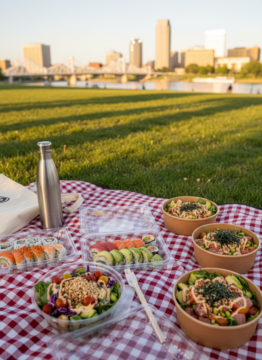 A festive picnic-style setup on the grass at Scioto Mile in Columbus, OH, showcasing a colorful assortment of takeout containers from local eateries. Open boxes reveal neatly arranged sushi rolls with glistening fish, bright poke bowls piled with fresh toppings, and vibrant salad bowls dotted with heirloom cherry tomatoes. A gingham blanket, reusable water bottle, and a small, logo-free tote bag add casual detail without drawing focus. The riverfront skyline of Columbus appears in the softly blurred distance, bathed in warm golden hour light. Gentle sunlight creates soft highlights on the food and dappled shadows from nearby trees. Photographic realism with an inviting, relaxed mood, captured from a slightly elevated, wide composition to emphasize the sense of a shared outdoor food event.